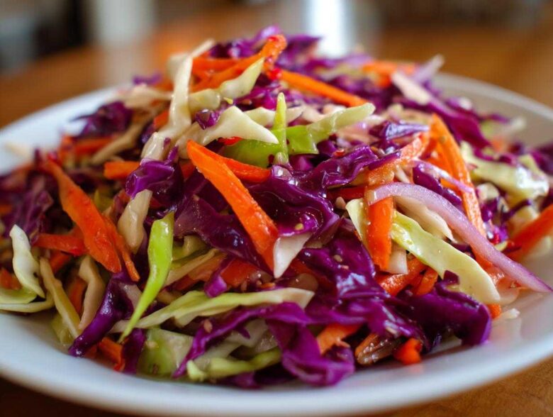 Close-up of a vibrant cabbage salad featuring shredded red cabbage, green cabbage, and bright orange carrots.