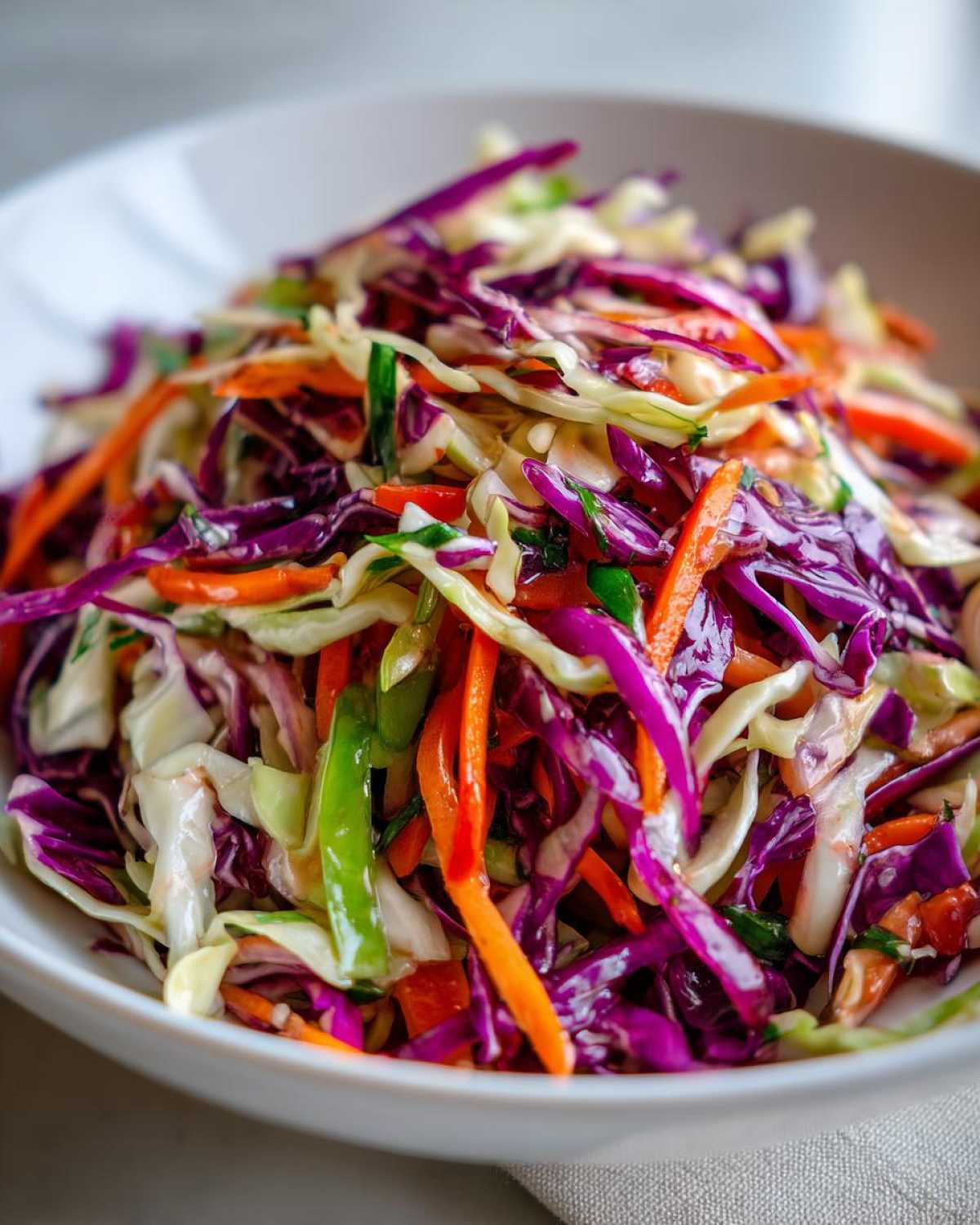 Close-up of a vibrant cabbage salad featuring shredded red cabbage, green cabbage, and bright orange carrots.
