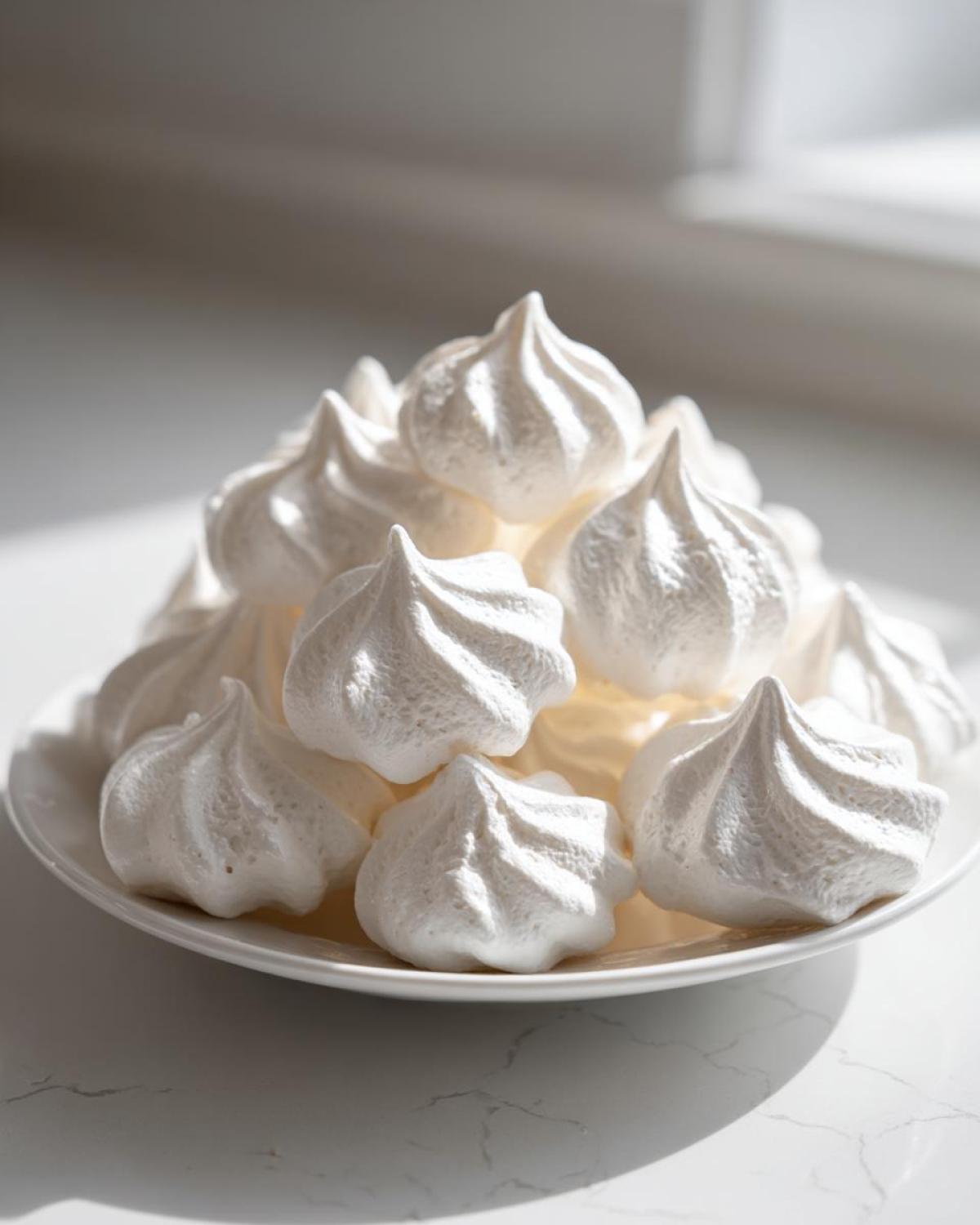 A mound of perfectly piped, white meringue cookies stacked on a small white plate near a window.