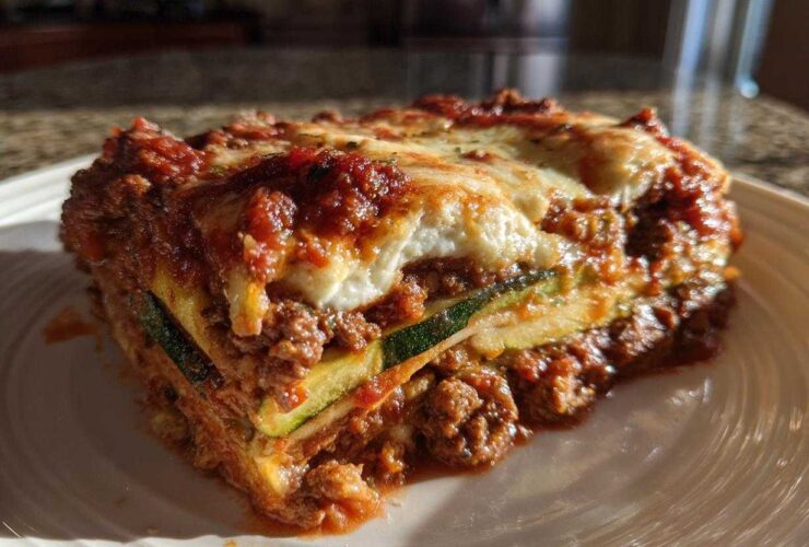 A thick, layered slice of zucchini lasagna featuring zucchini noodles, rich meat sauce, and melted mozzarella cheese topping.