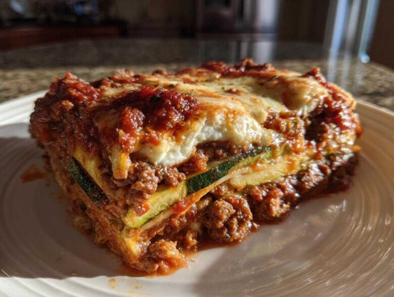 A thick, layered slice of zucchini lasagna featuring zucchini noodles, rich meat sauce, and melted mozzarella cheese topping.
