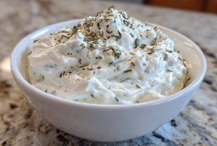 Close-up of thick, creamy 5-Minute Greek Yogurt Ranch Dip topped with dried herbs and spices in a white bowl.