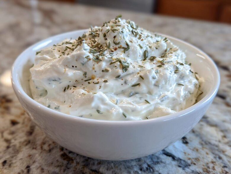 Close-up of thick, creamy 5-Minute Greek Yogurt Ranch Dip topped with dried herbs and spices in a white bowl.