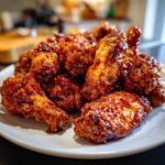 Close-up of crispy, glazed Air Fryer BBQ Chicken Wings piled high on a white plate.
