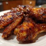 Close-up of several sticky, glazed Air Fryer BBQ Chicken Wings piled on a white plate.