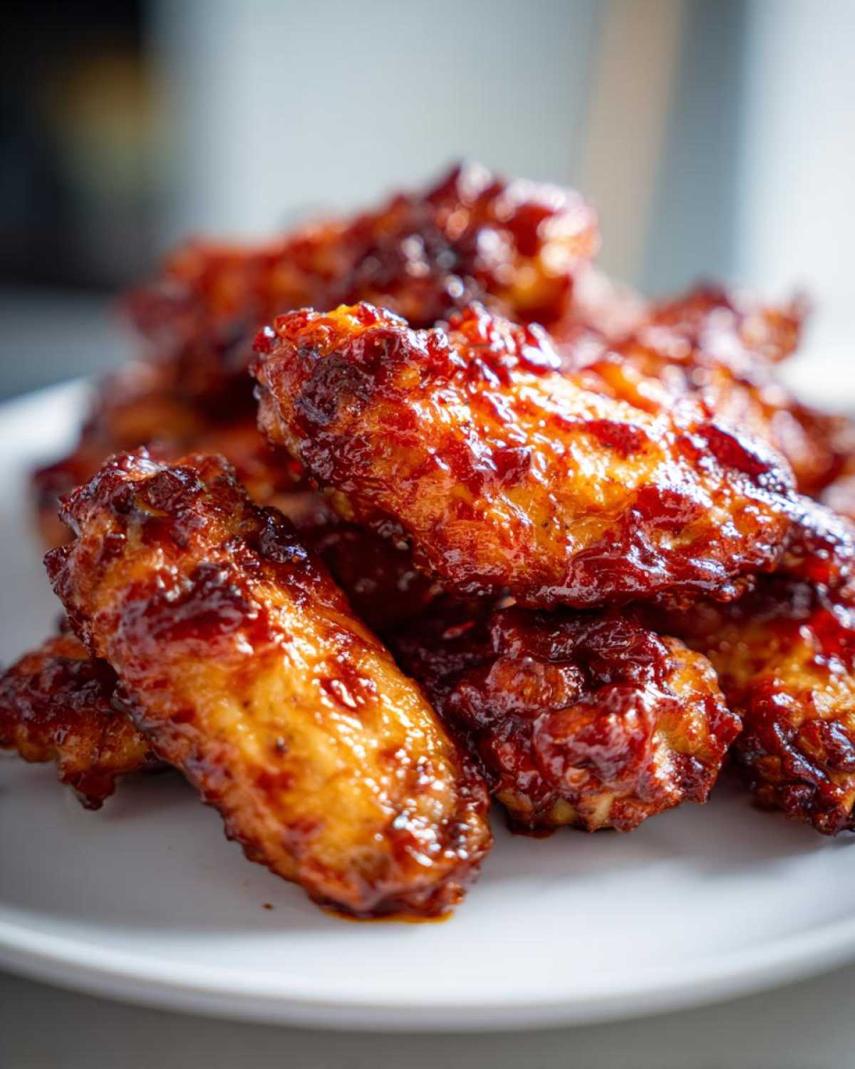 A close-up stack of crispy, saucy Air Fryer BBQ Chicken Wings piled high on a white plate.