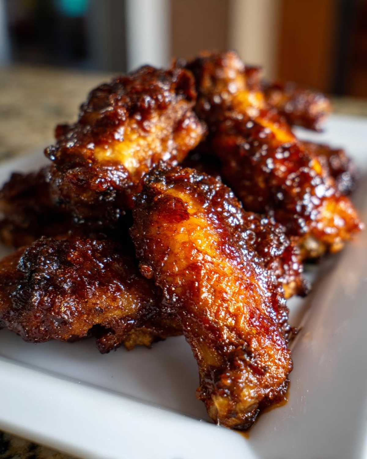 A close-up of crispy, saucy Air Fryer BBQ Chicken Wings piled high on a white plate.