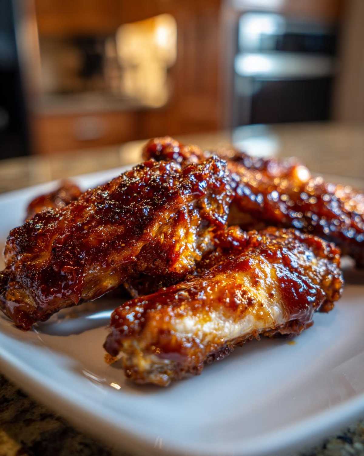 Close-up of sticky, glazed Air Fryer BBQ Chicken Wings piled on a white plate.
