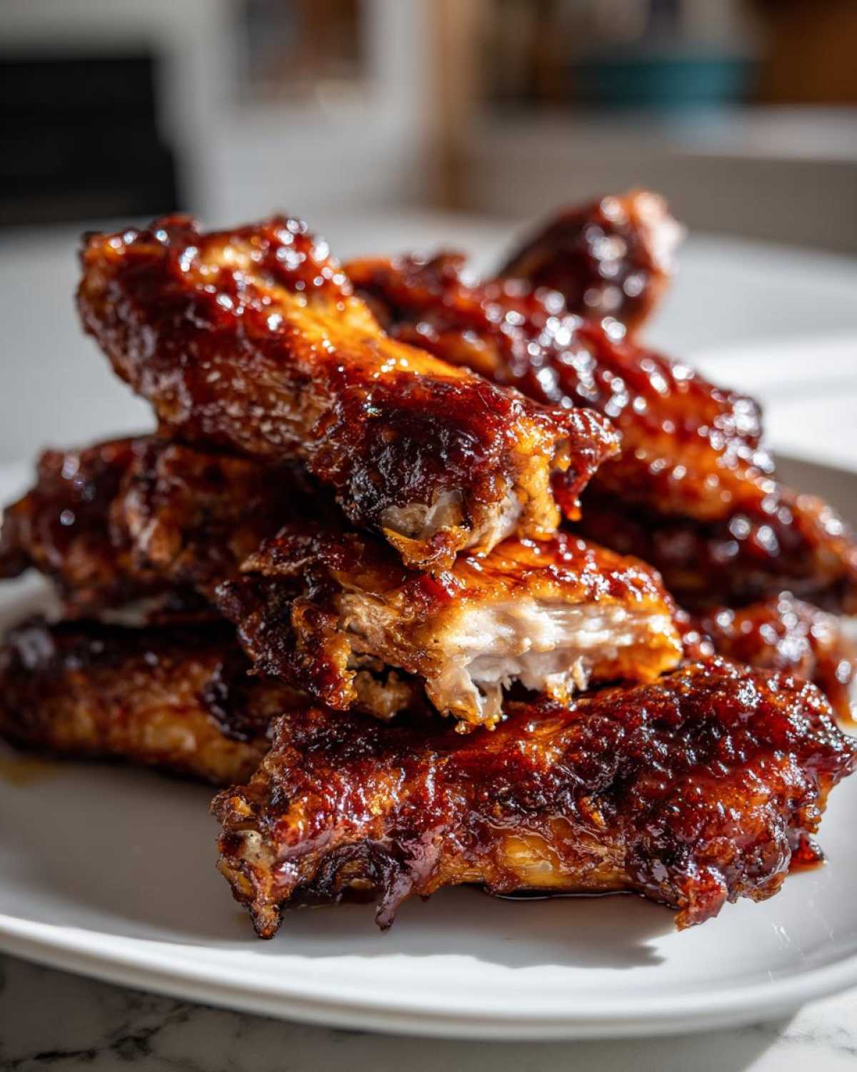 A stack of juicy Air Fryer BBQ Chicken Wings coated in thick, glossy sauce, with one wing broken open showing the cooked meat.