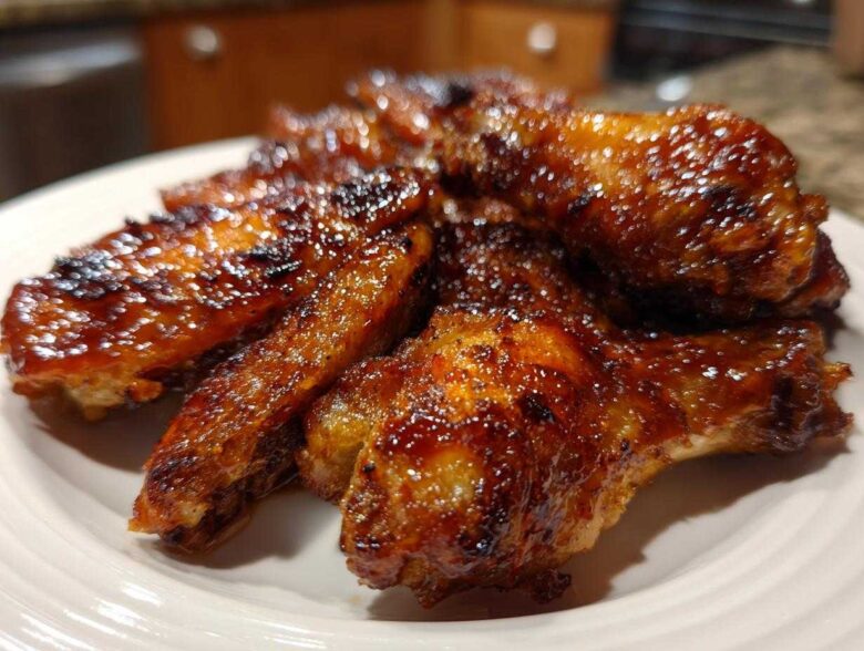 Close-up of several sticky, glazed Air Fryer BBQ Chicken Wings piled on a white plate.