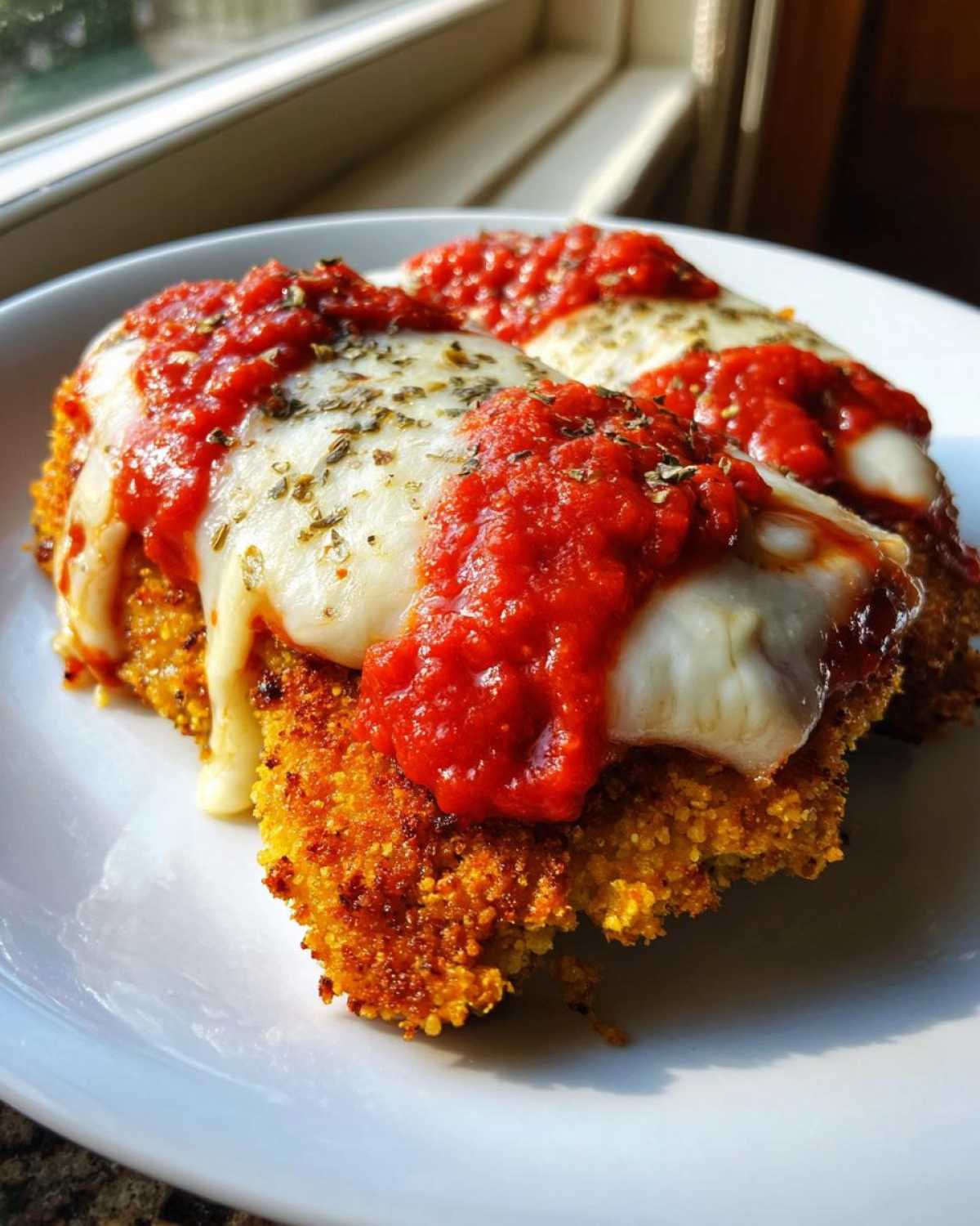 Two pieces of crispy Air Fryer Chicken Parmesan topped with melted mozzarella and bright red marinara sauce.