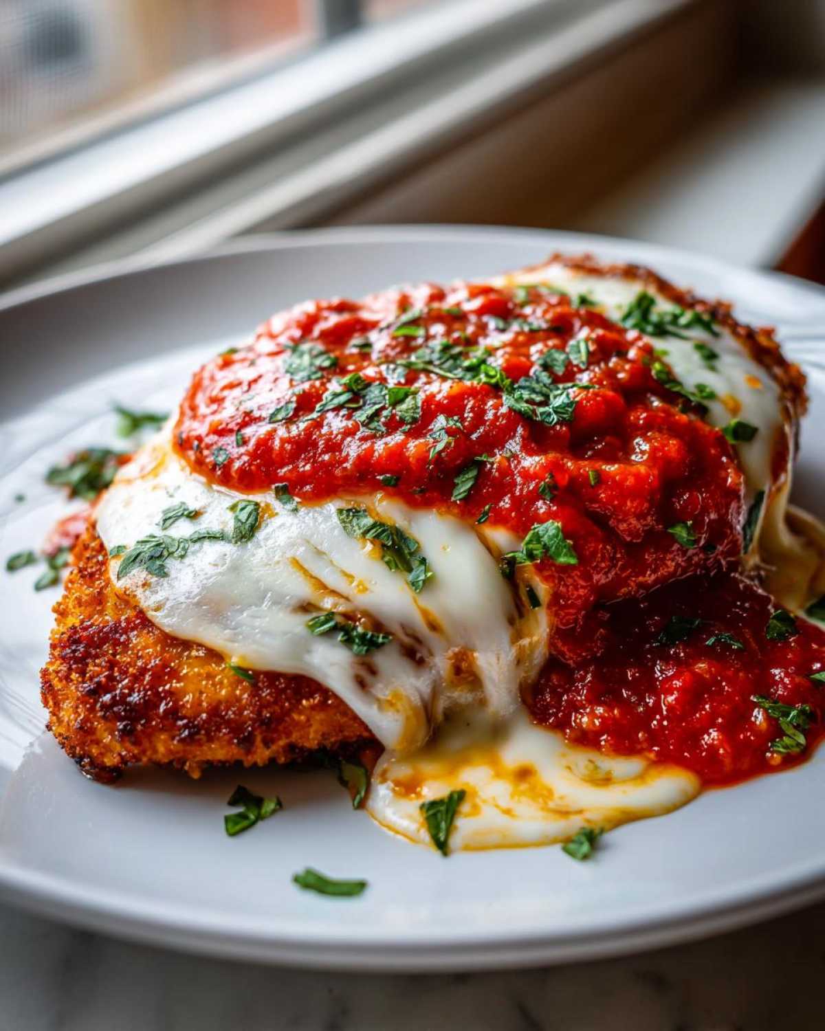 Close-up of a breaded Air Fryer Chicken Parmesan topped with melted mozzarella and marinara sauce.