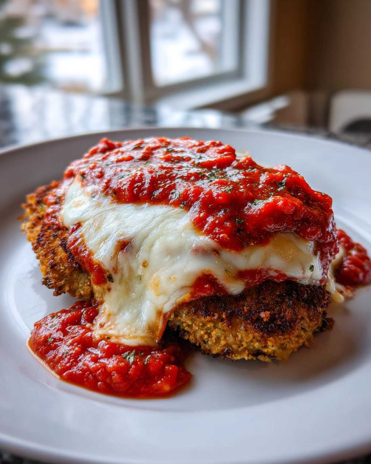 Close-up of crispy Air Fryer Chicken Parmesan topped with melted mozzarella cheese and marinara sauce.