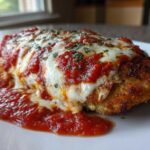 A close-up of a crispy Air Fryer Chicken Parmesan topped with melted mozzarella and marinara sauce.