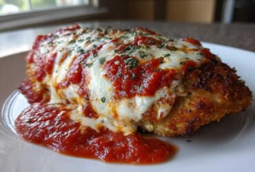 A close-up of a crispy Air Fryer Chicken Parmesan topped with melted mozzarella and marinara sauce.