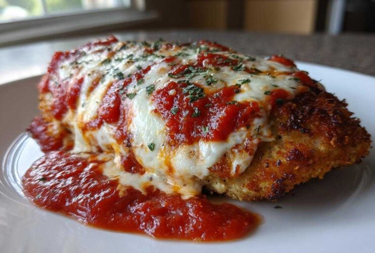 A close-up of a crispy Air Fryer Chicken Parmesan topped with melted mozzarella and marinara sauce.