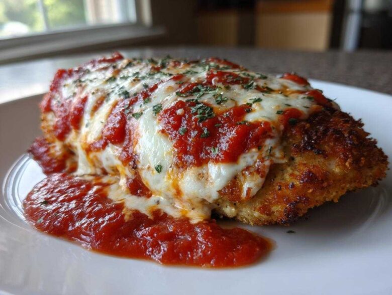 A close-up of a crispy Air Fryer Chicken Parmesan topped with melted mozzarella and marinara sauce.