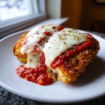 Close-up of crispy Air Fryer Chicken Parmesan topped with melted mozzarella cheese and marinara sauce.