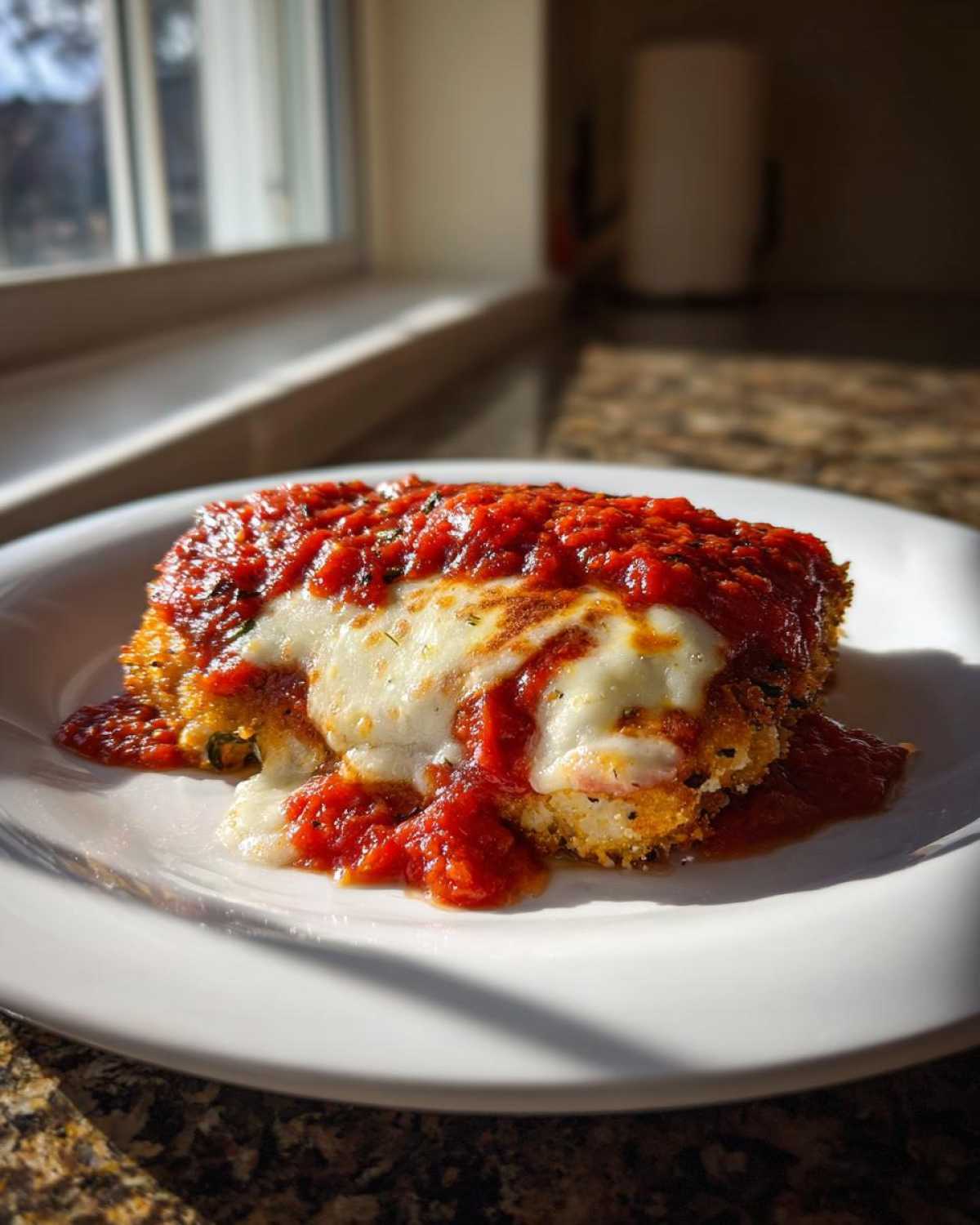 A serving of crispy Air Fryer Chicken Parmesan topped with melted mozzarella and rich marinara sauce.