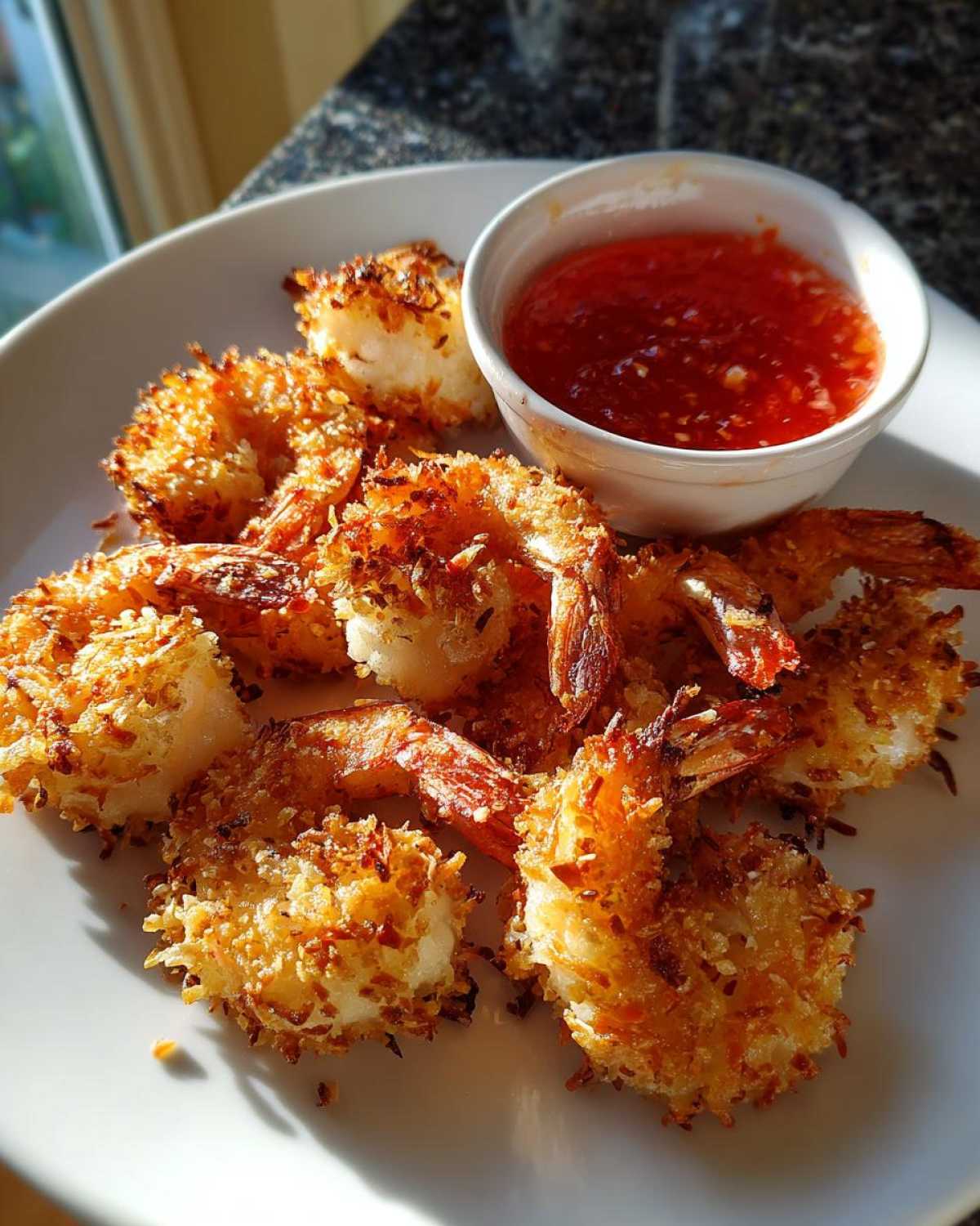Golden brown Air Fryer Coconut Shrimp served on a white plate next to a small bowl of sweet chili sauce.