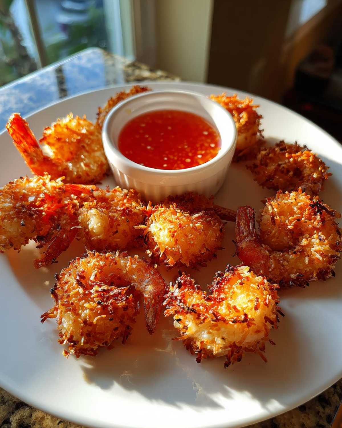 Plate of perfectly cooked Air Fryer Coconut Shrimp served with a small bowl of sweet chili sauce.