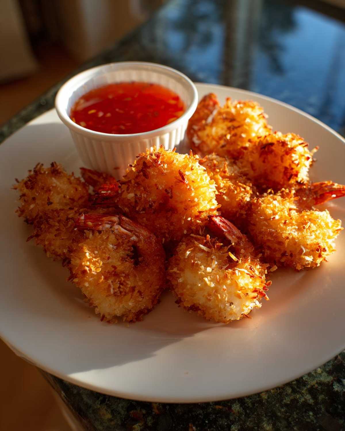 Golden brown Air Fryer Coconut Shrimp served on a white plate with a side of sweet chili dipping sauce.