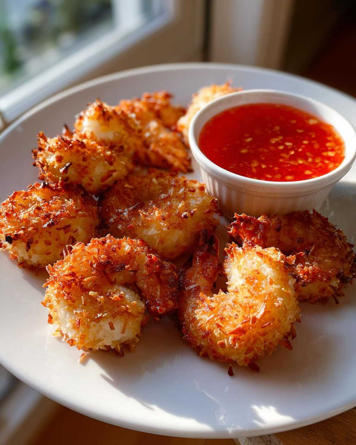 Several pieces of golden brown Air Fryer Coconut Shrimp arranged on a white plate next to a small bowl of sweet chili sauce.