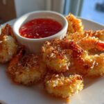 Golden brown Air Fryer Coconut Shrimp arranged on a white plate next to a small bowl of sweet chili sauce.