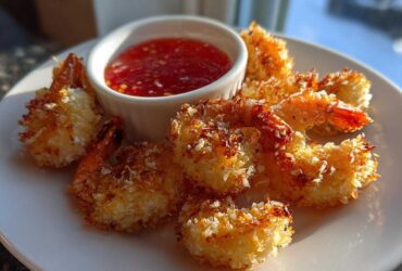 Golden brown Air Fryer Coconut Shrimp arranged on a white plate next to a small bowl of sweet chili sauce.