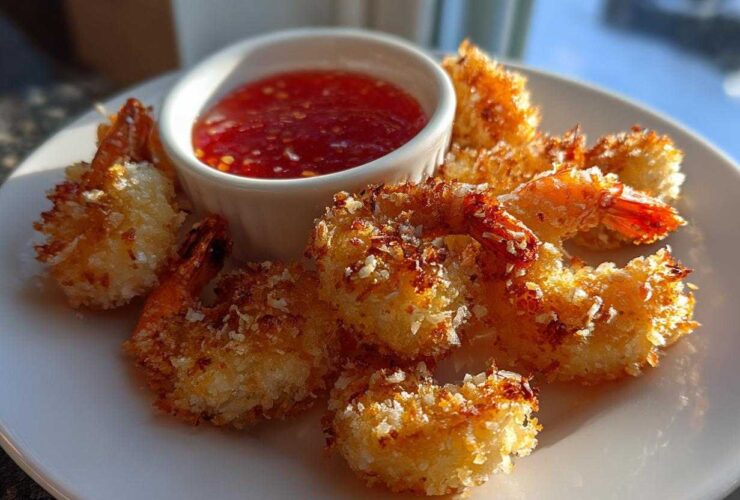 Golden brown Air Fryer Coconut Shrimp arranged on a white plate next to a small bowl of sweet chili sauce.