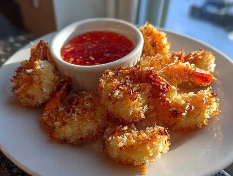 Golden brown Air Fryer Coconut Shrimp arranged on a white plate next to a small bowl of sweet chili sauce.