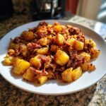 Golden, crispy potatoes mixed with shredded corned beef, served on a white plate, showcasing Air Fryer Corned Beef Hash.