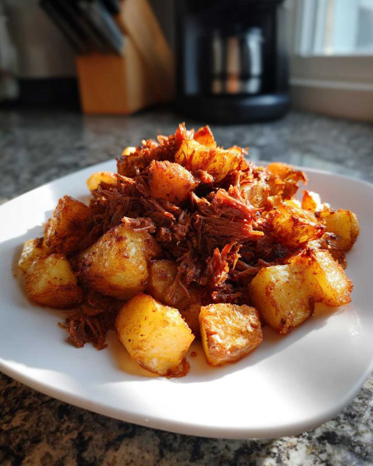 A plate of golden, crispy potatoes mixed with shredded corned beef, showcasing Air Fryer Corned Beef Hash.