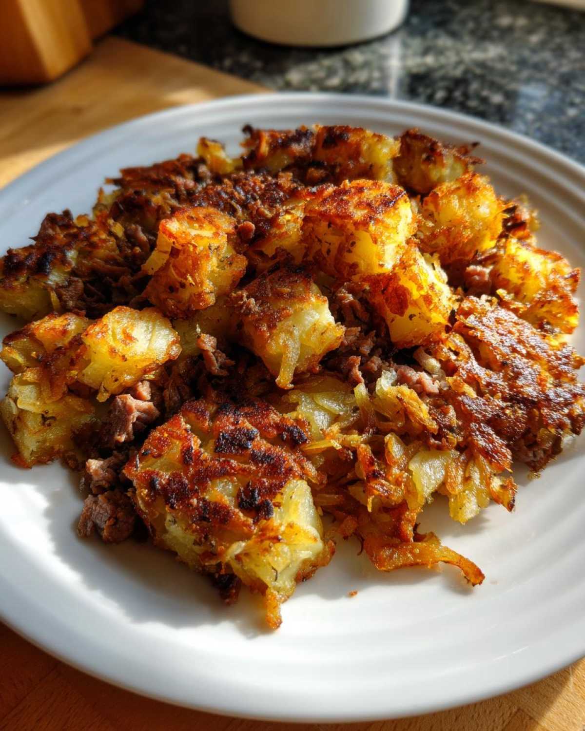 A plate piled high with crispy Air Fryer Corned Beef Hash featuring golden, browned potatoes and shredded meat.