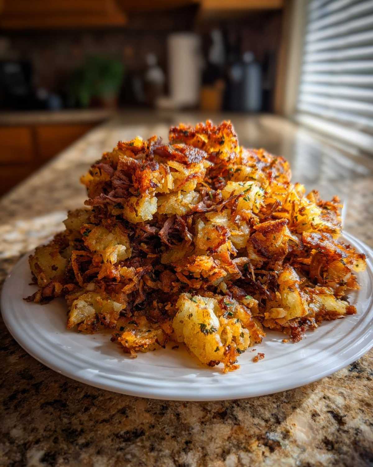 Close-up of crispy, golden-brown potatoes mixed with shredded corned beef for Air Fryer Corned Beef Hash.
