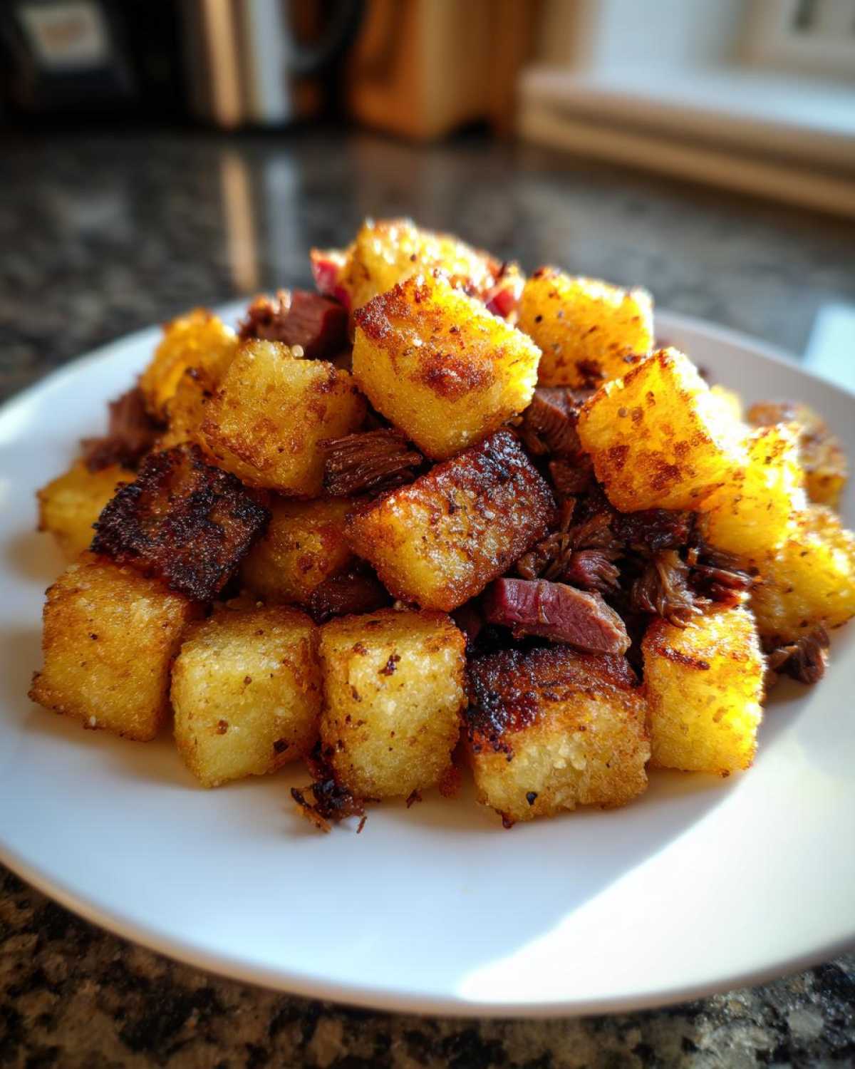 A large mound of crispy Air Fryer Corned Beef Hash with golden potatoes and shredded meat on a white plate.
