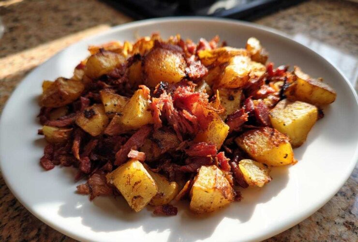 A plate of crispy Air Fryer Corned Beef Hash featuring golden potatoes and shredded corned beef.