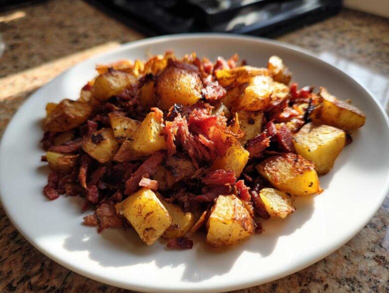 A plate of crispy Air Fryer Corned Beef Hash featuring golden potatoes and shredded corned beef.