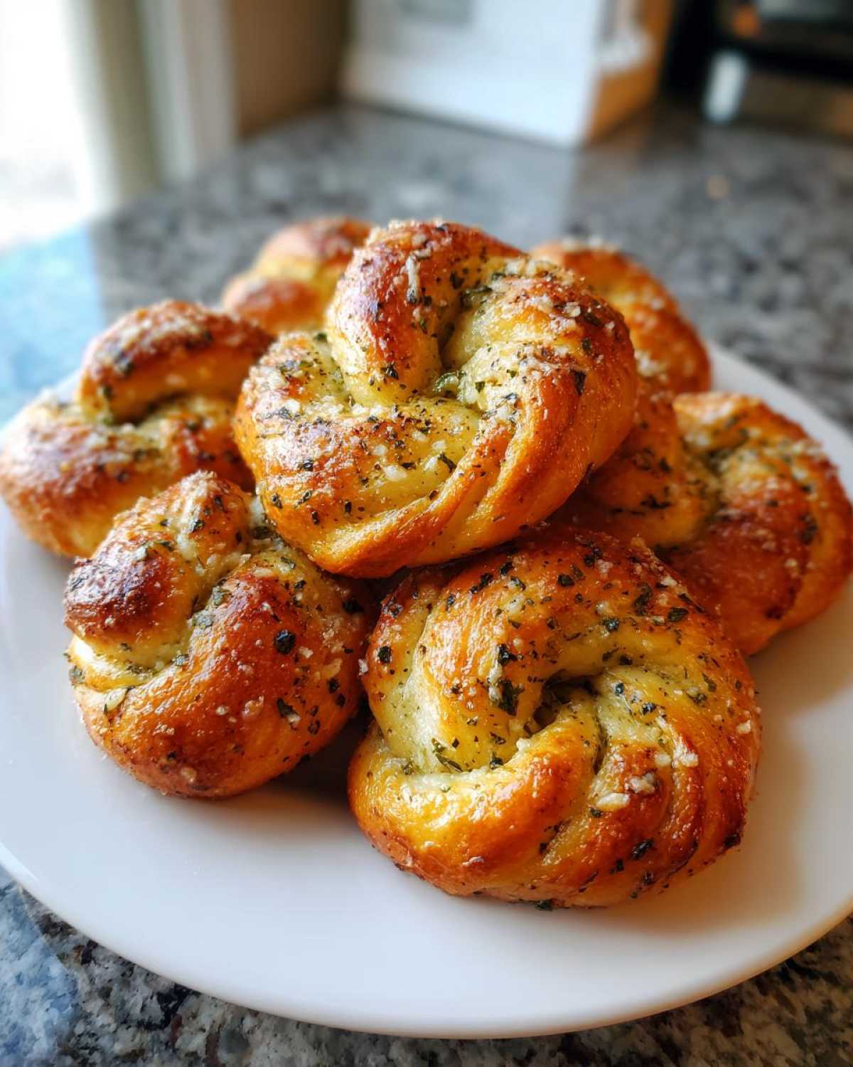 A pile of golden brown, glossy Air Fryer Garlic Knots topped with herbs and coarse salt on a white plate.
