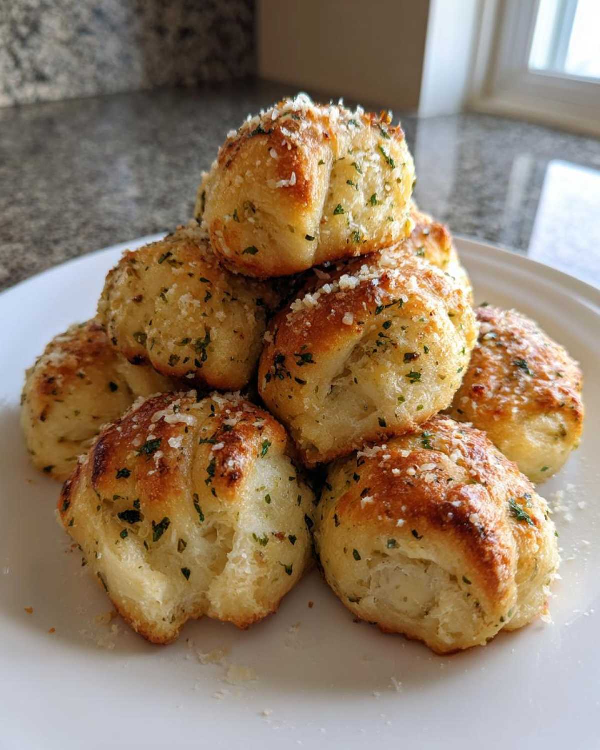 A stack of golden brown Air Fryer Garlic Knots topped generously with melted butter, parsley, and grated Parmesan cheese.