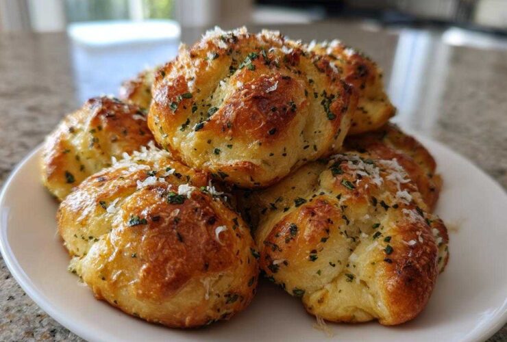 A pile of golden brown Air Fryer Garlic Knots topped with melted butter, fresh parsley, and grated Parmesan cheese.