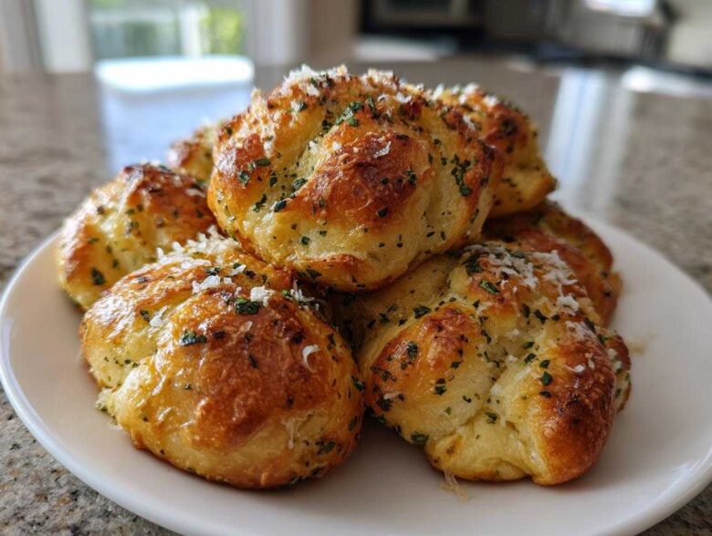 A pile of golden brown Air Fryer Garlic Knots topped with melted butter, fresh parsley, and grated Parmesan cheese.