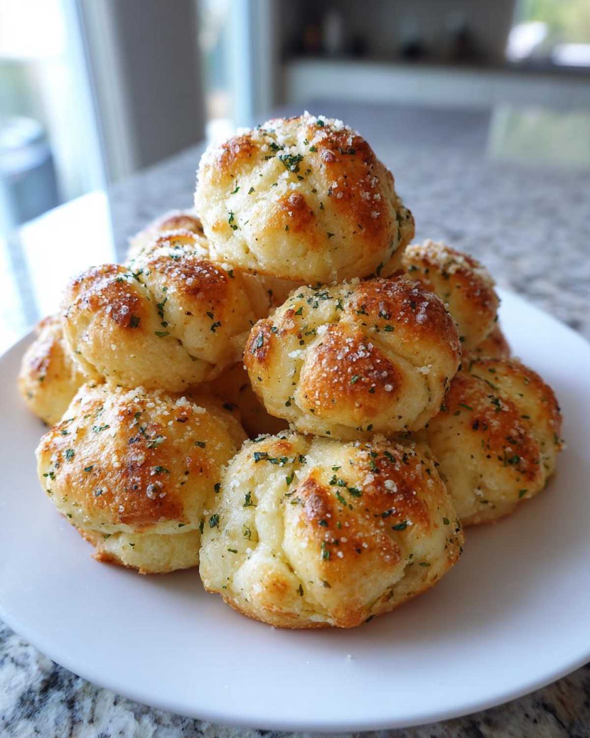 A stack of golden brown Air Fryer Garlic Knots topped with melted butter, parsley, and Parmesan cheese.