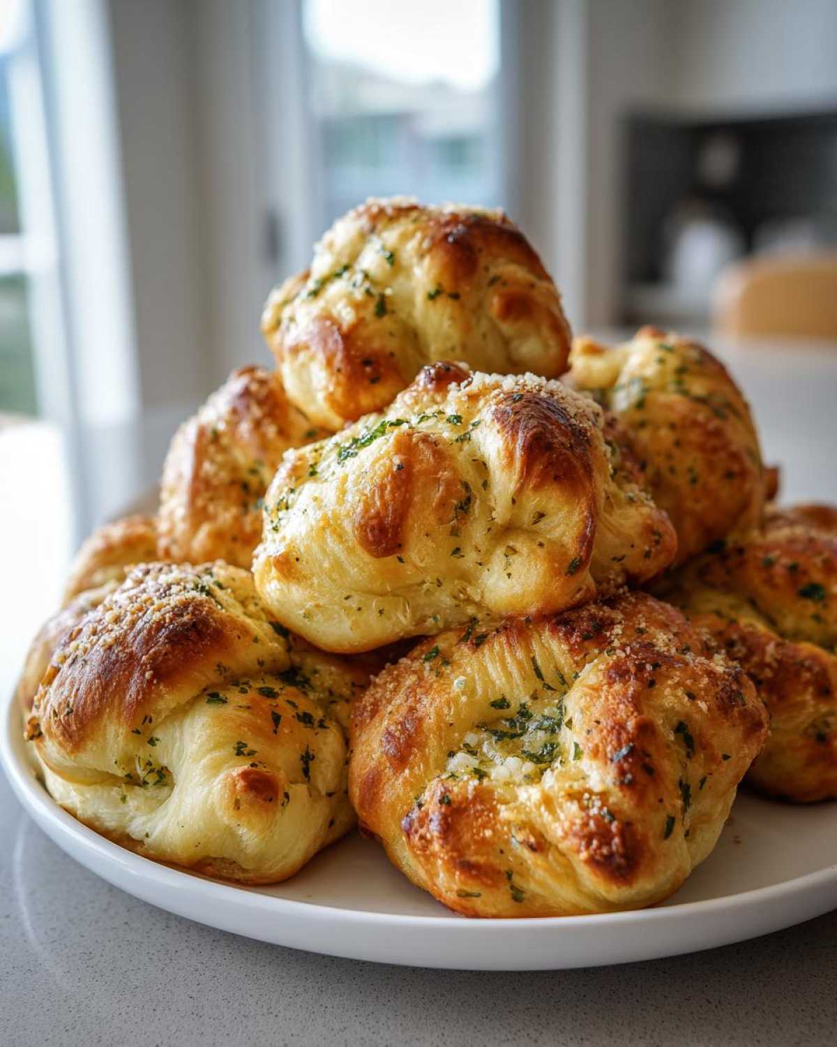 A stack of golden brown Air Fryer Garlic Knots, brushed with garlic butter and sprinkled with parsley and Parmesan cheese.