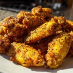 A close-up of crispy, golden Air Fryer Lemon Pepper Wings heavily seasoned with black pepper, piled on a white plate.
