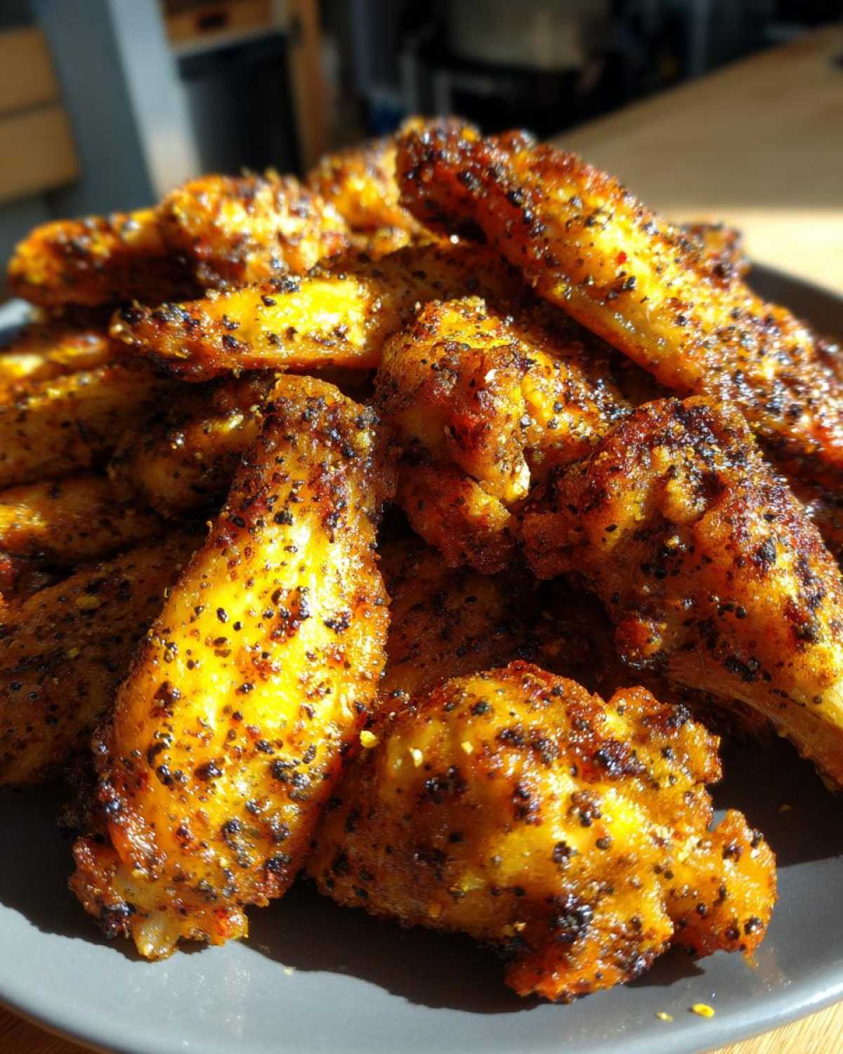 A close-up shot of a pile of crispy Air Fryer Lemon Pepper Wings heavily seasoned with black pepper.