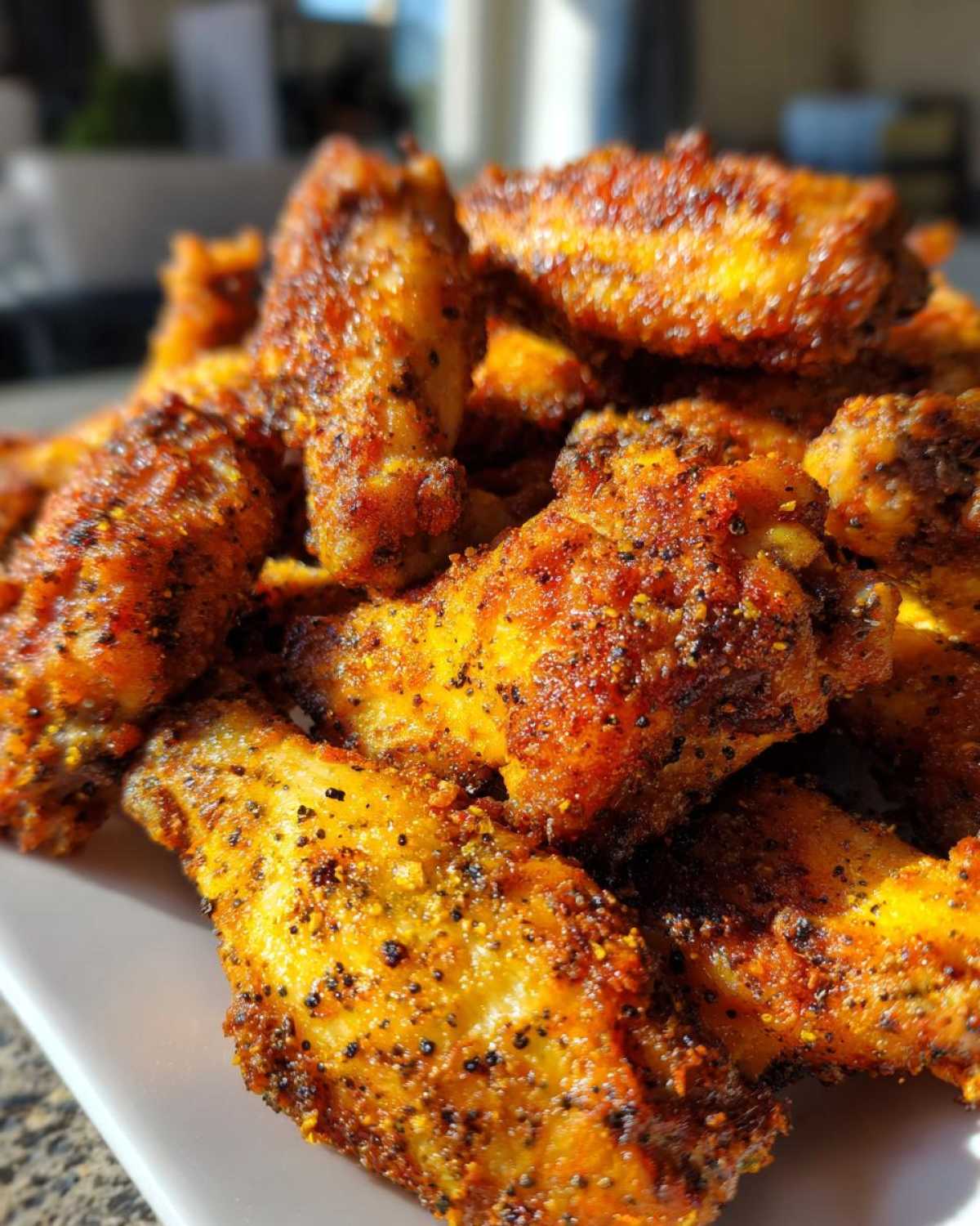 Close-up of a pile of crispy Air Fryer Lemon Pepper Wings coated in seasoning.