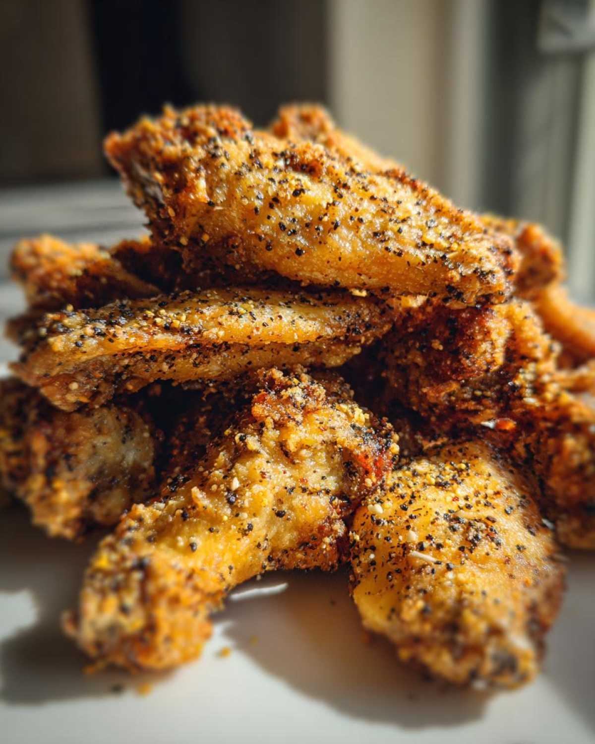 A close-up pile of crispy Air Fryer Lemon Pepper Wings heavily coated in seasoning.