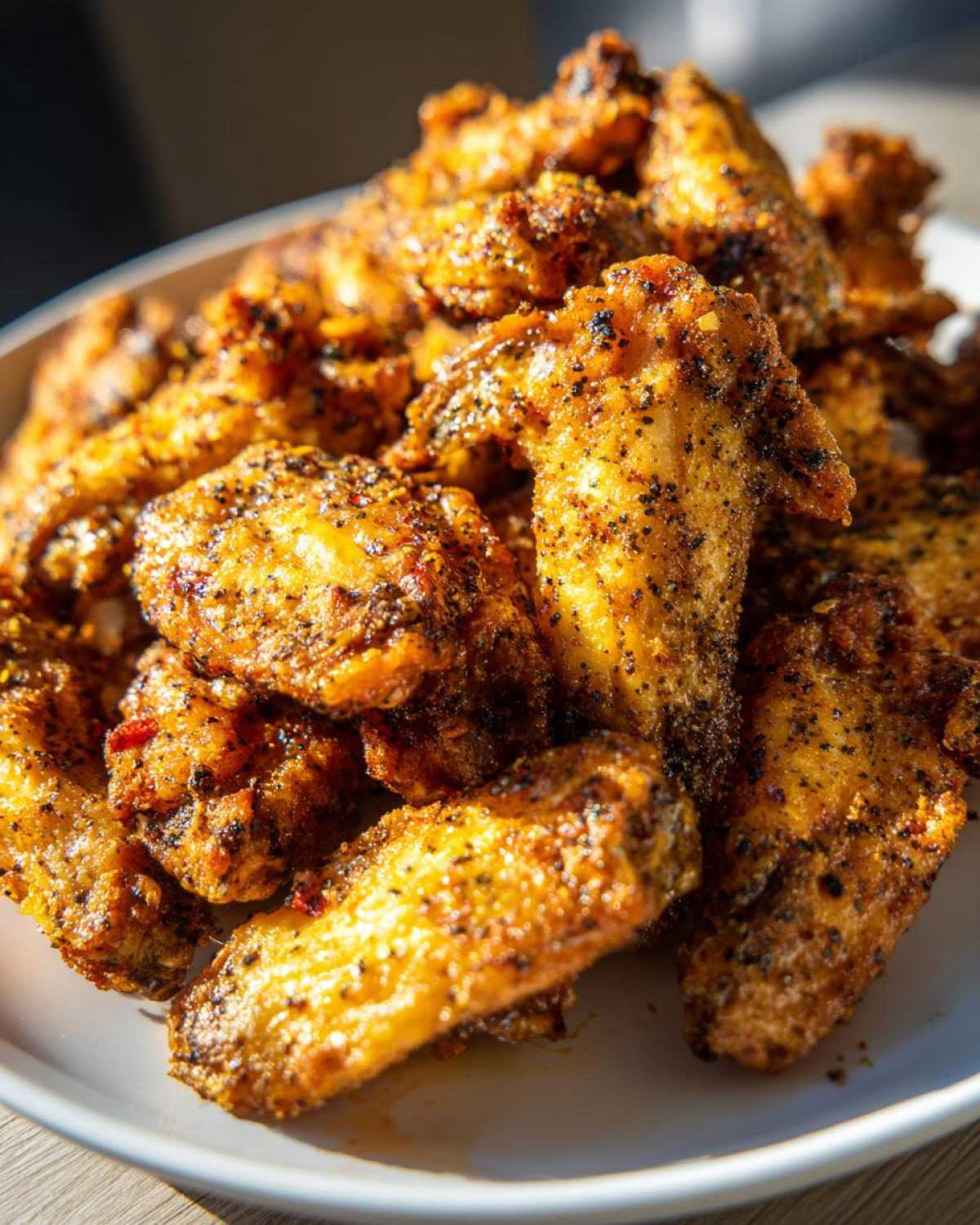Close-up of a pile of crispy Air Fryer Lemon Pepper Wings coated heavily in seasoning.