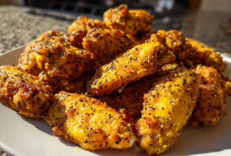 A close-up of crispy, golden Air Fryer Lemon Pepper Wings heavily seasoned with black pepper, piled on a white plate.